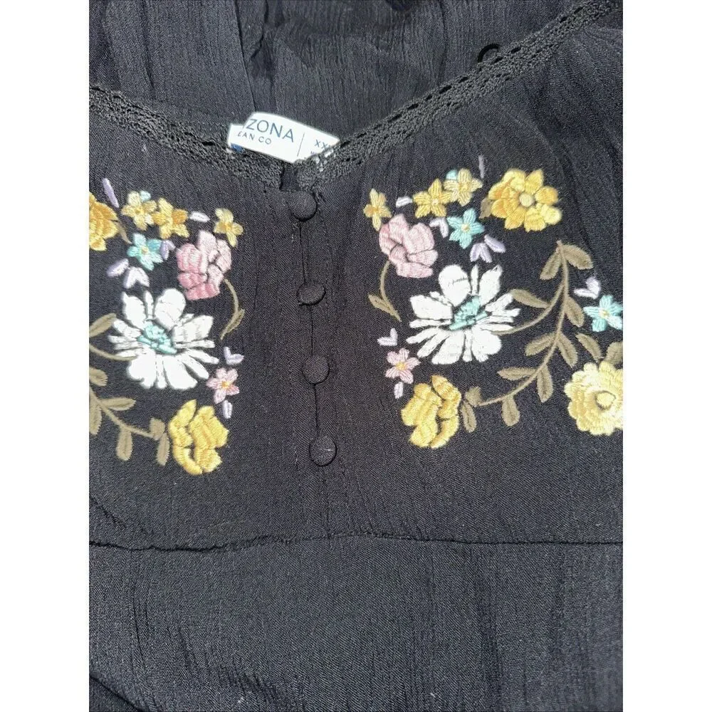 Arizona Jean Co Dress Size XXL Black Floral Embroidered Boho Peasant Babydoll